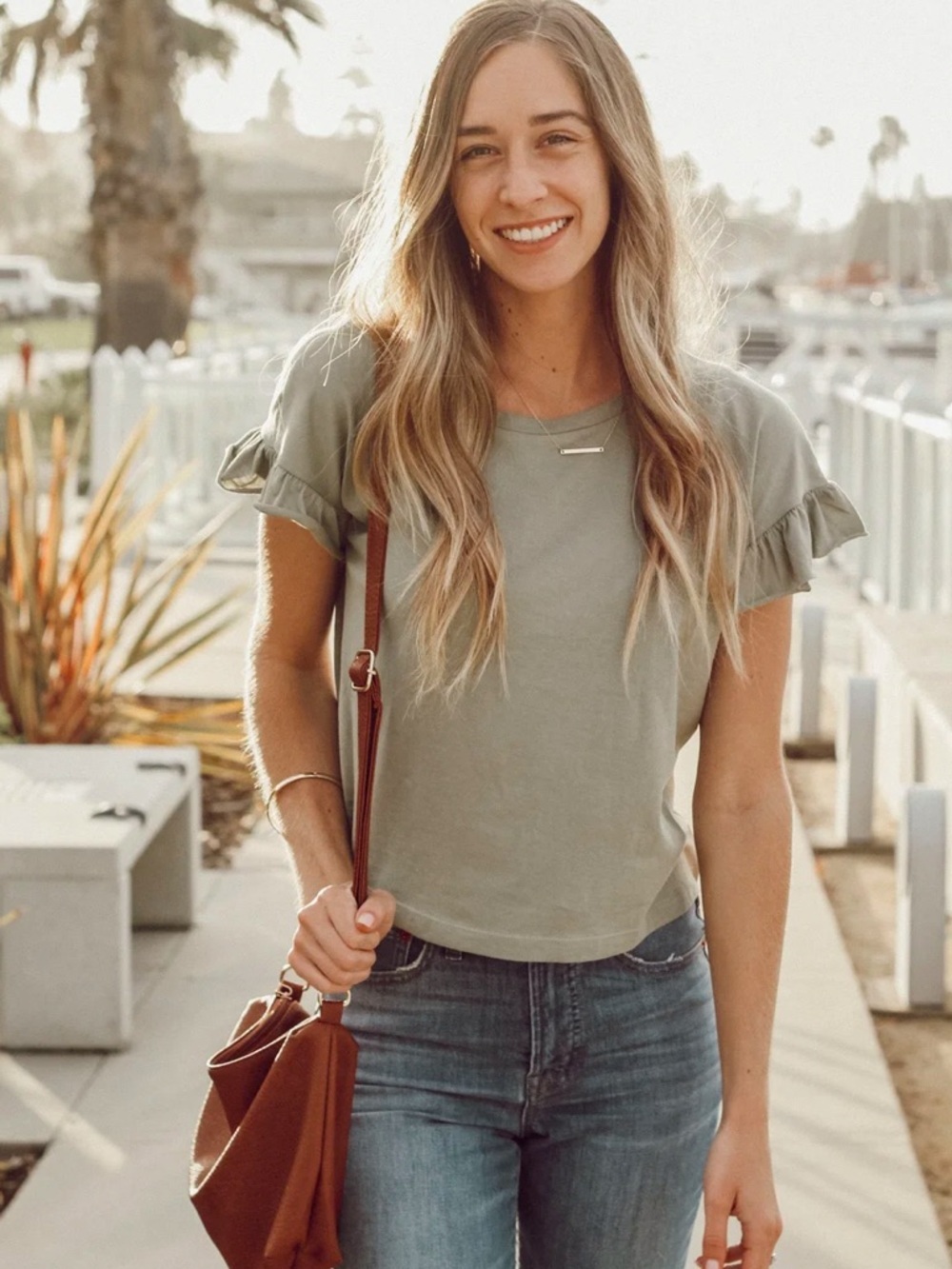 Zara Olive Green Short Ruffle-Sleeve Cotton Crewneck T-Shirt.